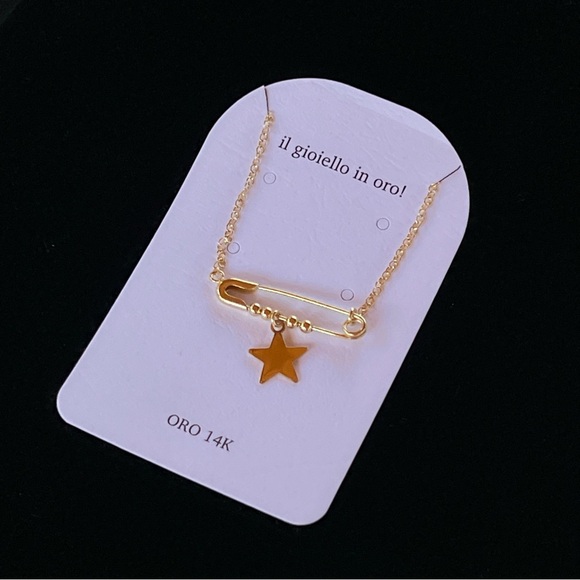 14K Solid Gold Safety Pin Necklace with Star